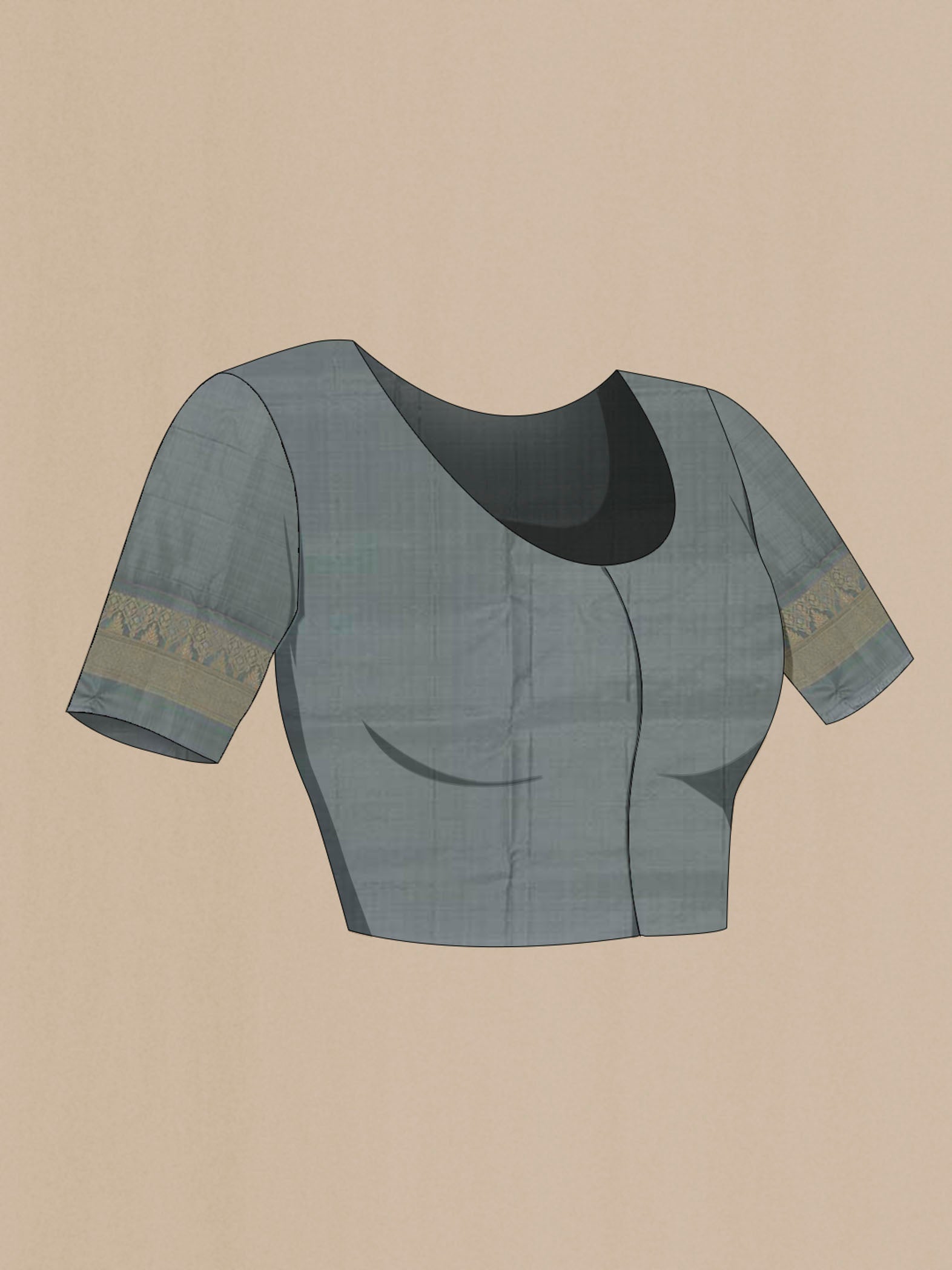 Close up image of the blouse of Grey Soft Silk Saree with Zari Butta on the body and Zari Border