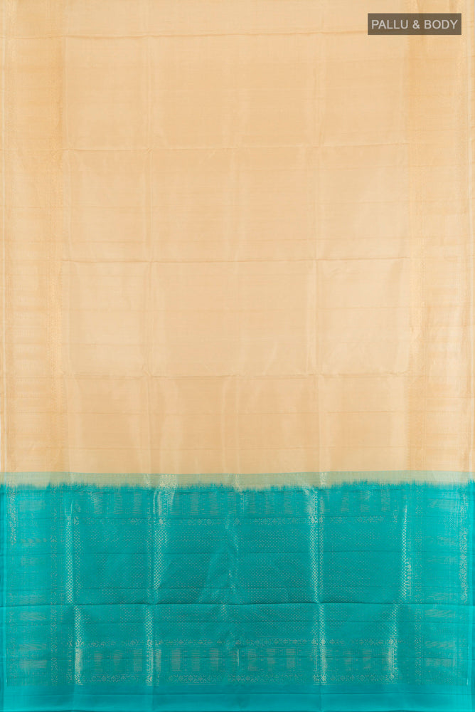 Flat view of Beige Soft Silk Saree with Zari Butta on the body and Silk Border. 