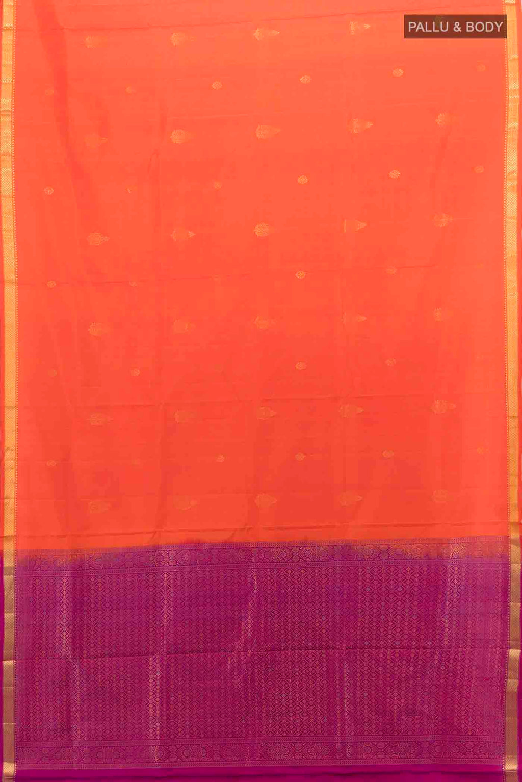 Flat view of Orange Soft Silk Saree with Zari Butta on the body and Silk Border