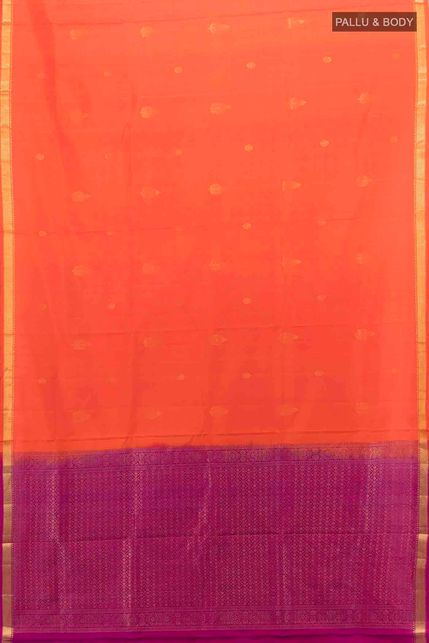 Flat view of Orange Soft Silk Saree with Zari Butta on the body and Silk Border