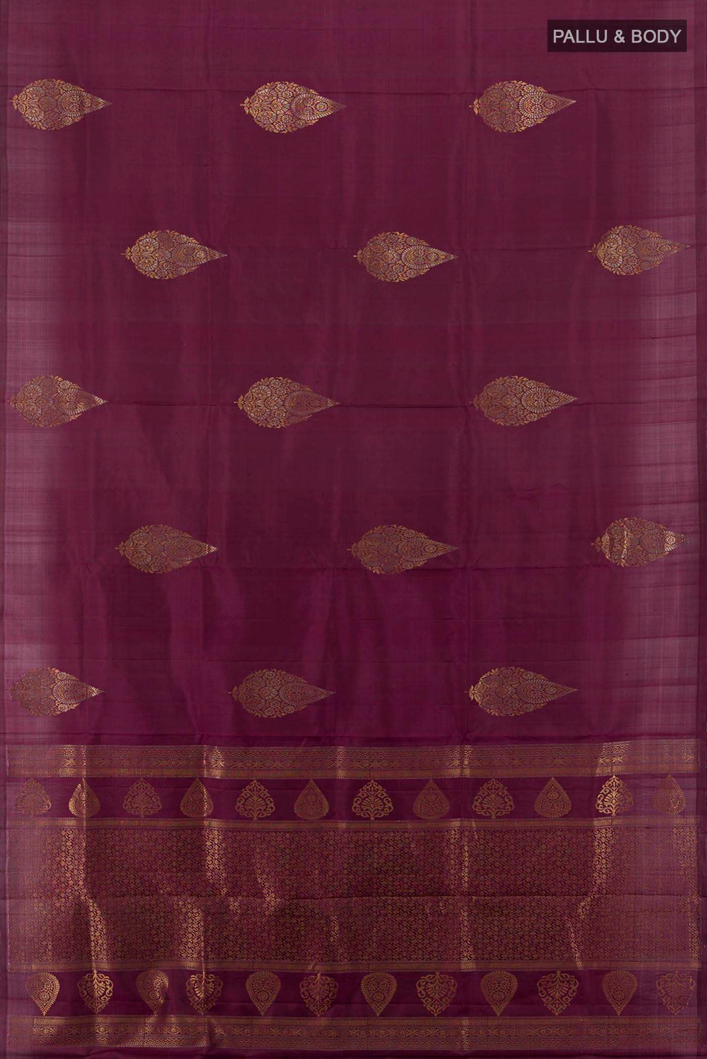 Flat view of Coffee Brown Soft Silk Saree with Zari Butta on the body and Silk Border. 