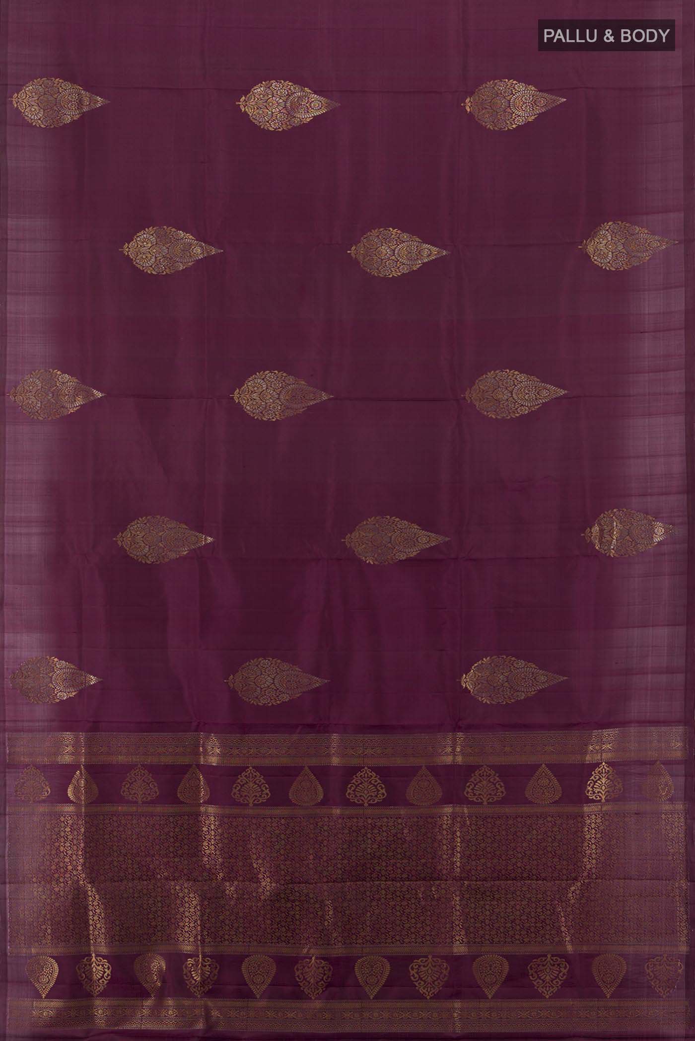 Flat view of Coffee Brown Soft Silk Saree with Zari Butta on the body and Silk Border. 