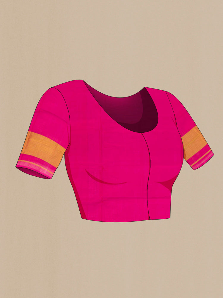 Close up image of the blouse of Rani Pink Pochampally Saree with Ikat Print on the body and Silk Border. 