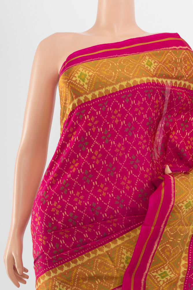 Border image of Rani Pink Pochampally Saree with Ikat Print on the body and Silk Border. 