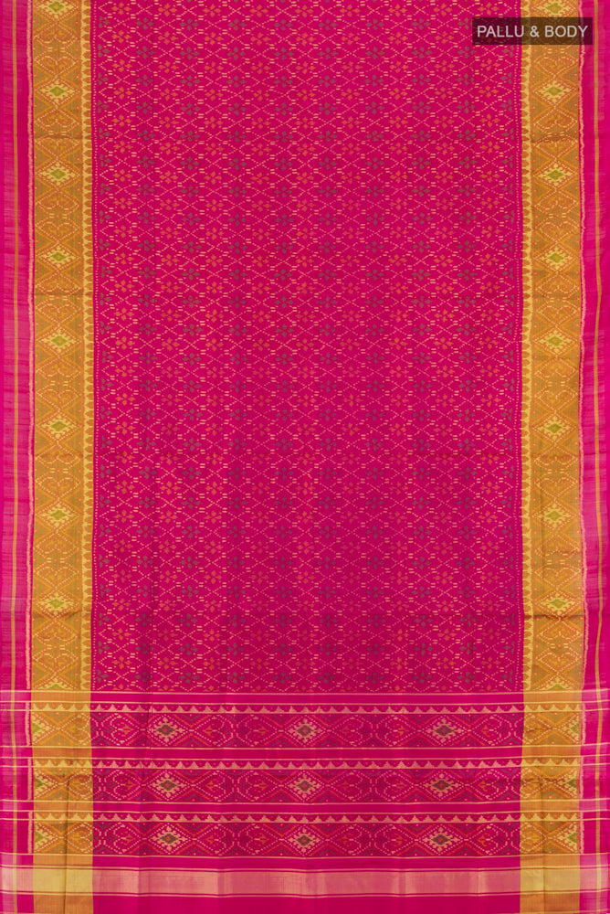 Flat view of Rani Pink Pochampally Saree with Ikat Print on the body and Silk Border. 