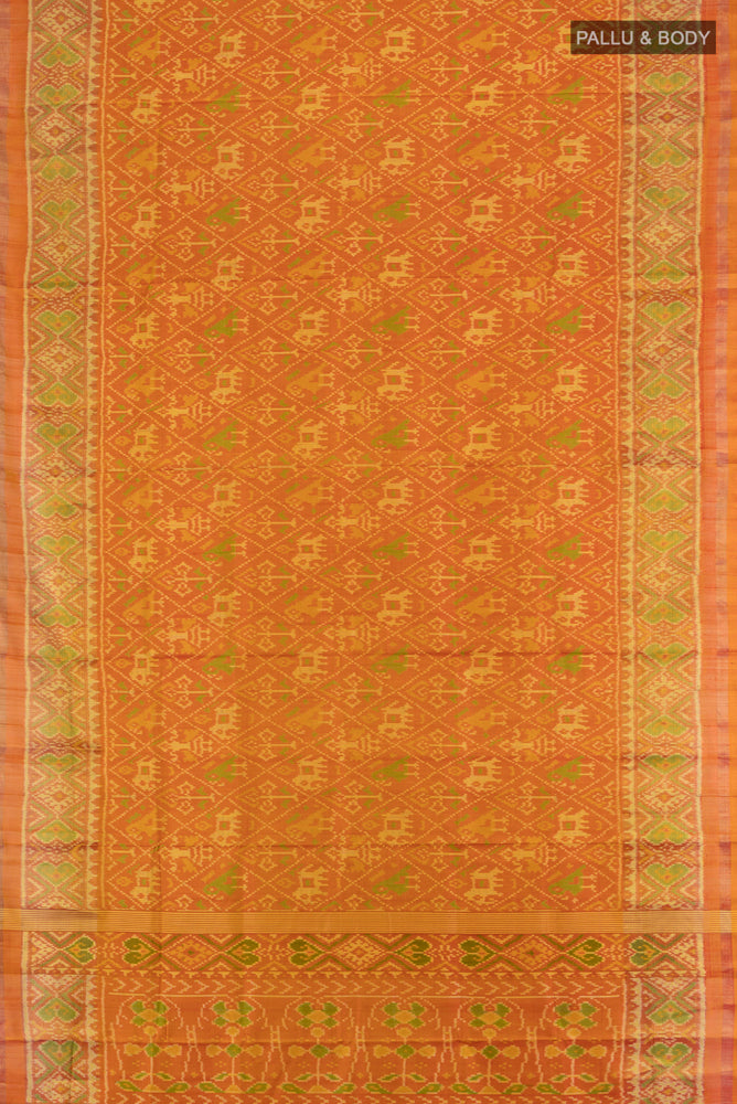 Flat view of Multi Color Rajkot Patola Silk Saree with Zari Butta on the body and Silk Border. 