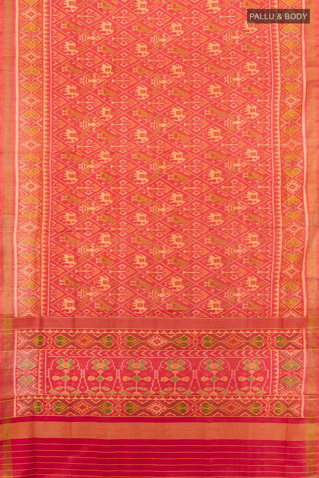 Flat view of Peach Rajkot Patola Silk Saree with Zari Butta on the body and Silk Border. 