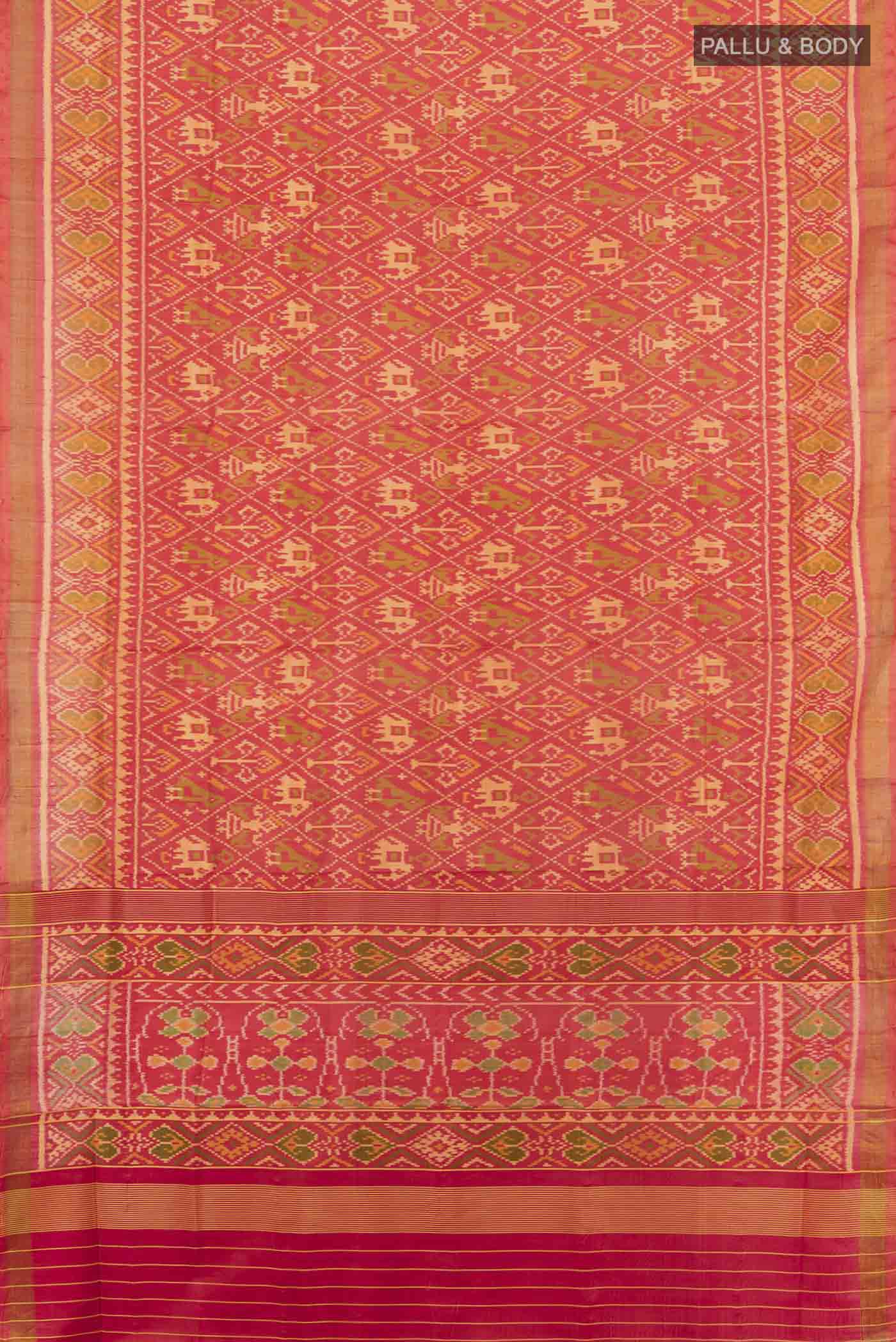 Flat view of Peach Rajkot Patola Silk Saree with Zari Butta on the body and Silk Border. 