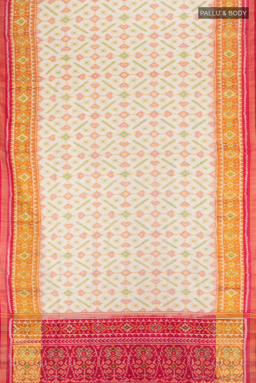 Flat view of Multi Color Rajkot Patola Silk Saree with Ikat Print on the body and Silk Border. 