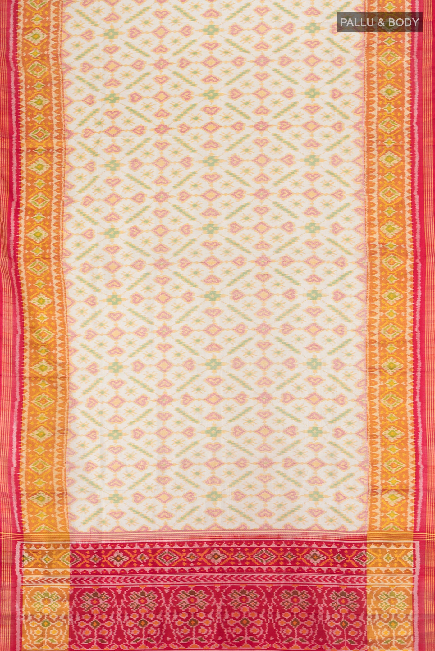 Flat view of Multi Color Rajkot Patola Silk Saree with Ikat Print on the body and Silk Border. 