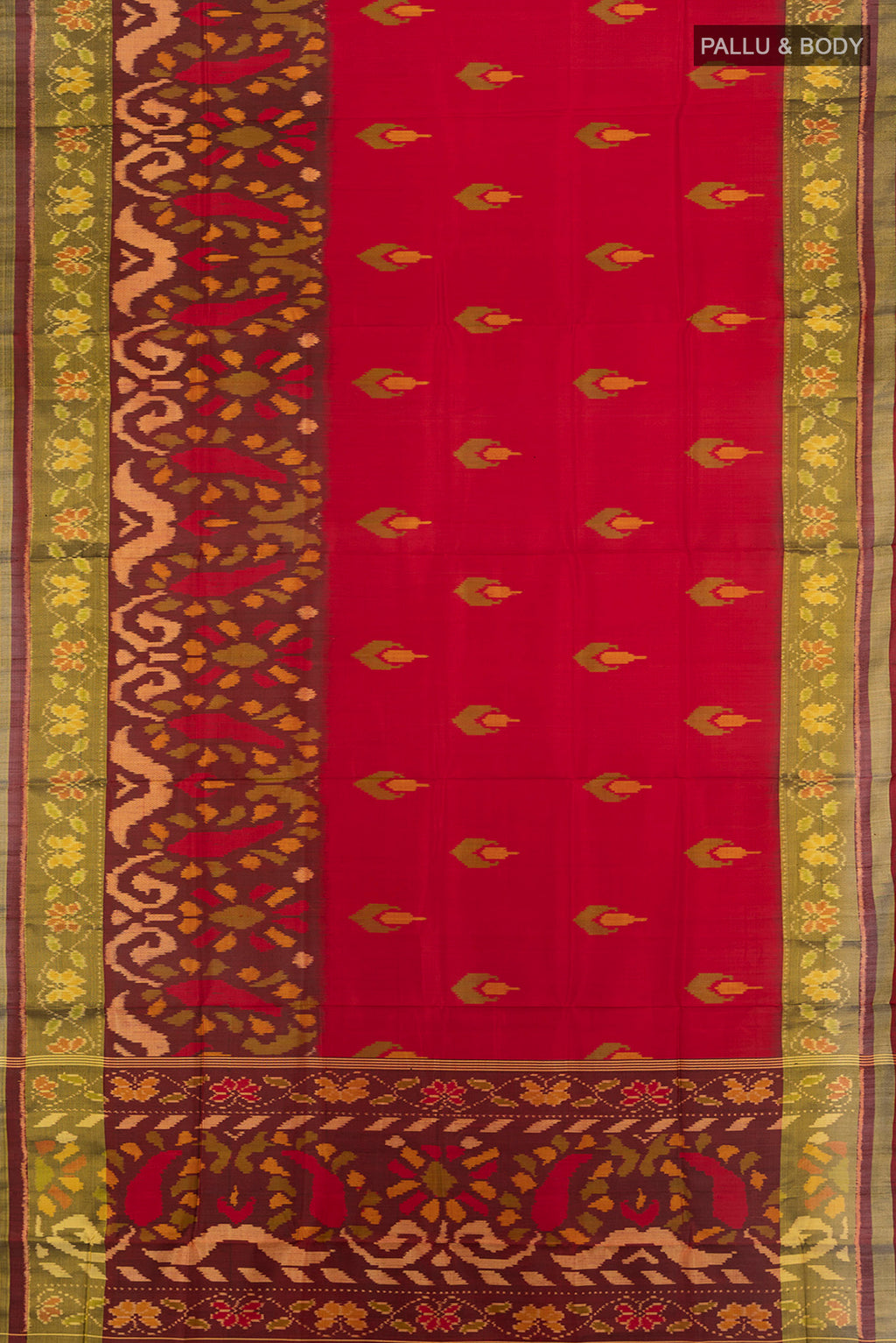 Flat view of Multi Color Rajkot Patola Silk Saree with Ikat Print on the body and Silk Border. 
