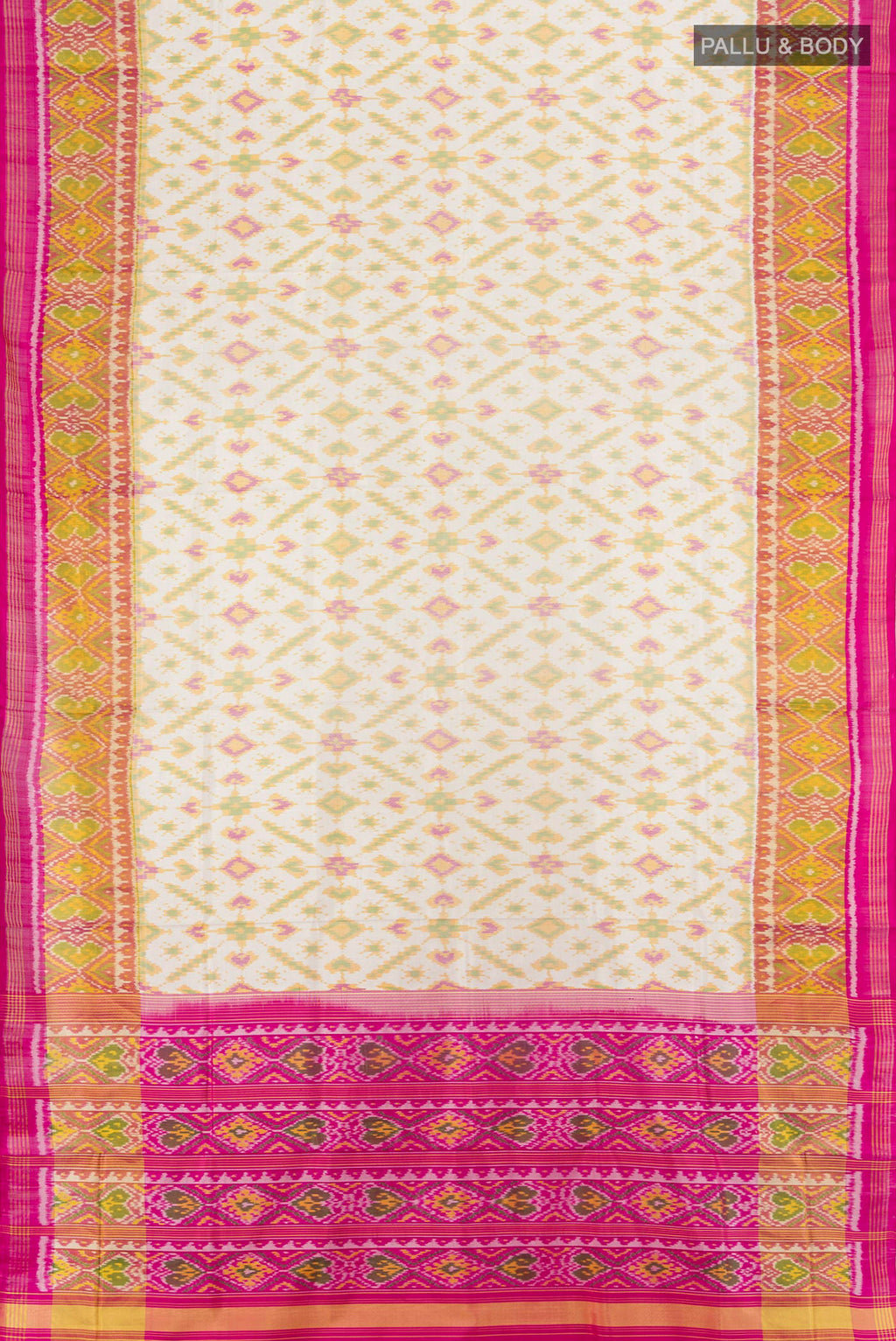 Flat view of Multi Color Pochampally Saree with Ikat Print on the body and Silk Border. 