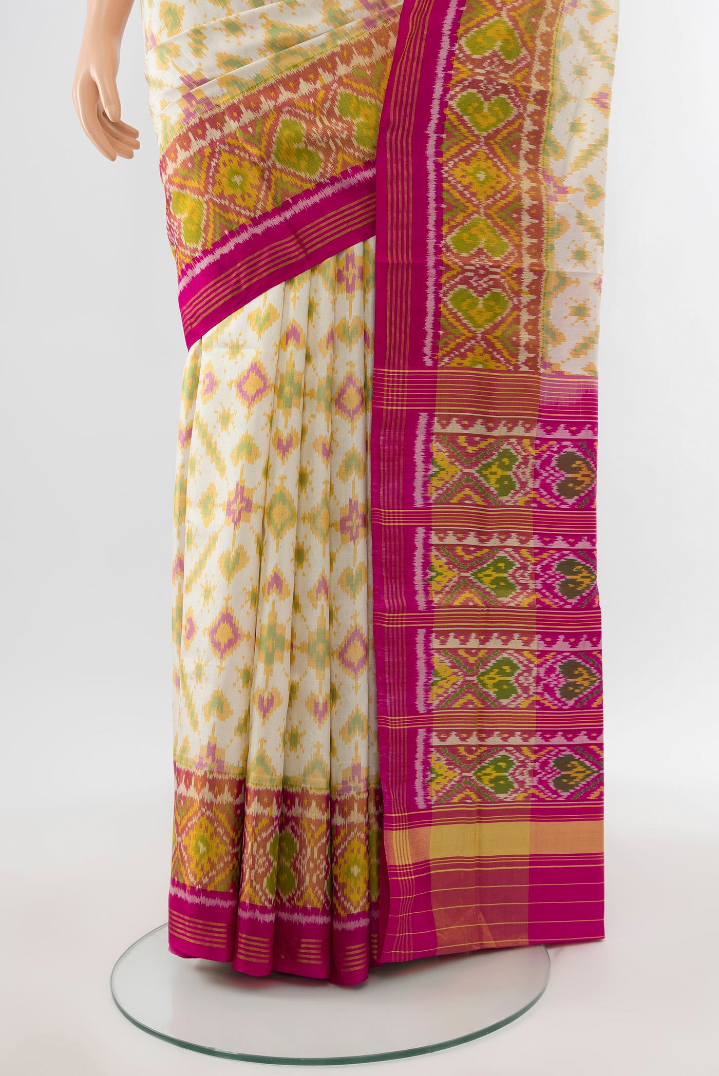 Pleats and pallu of Multi Color Pochampally Saree with Ikat Print on the body and Silk Border. 