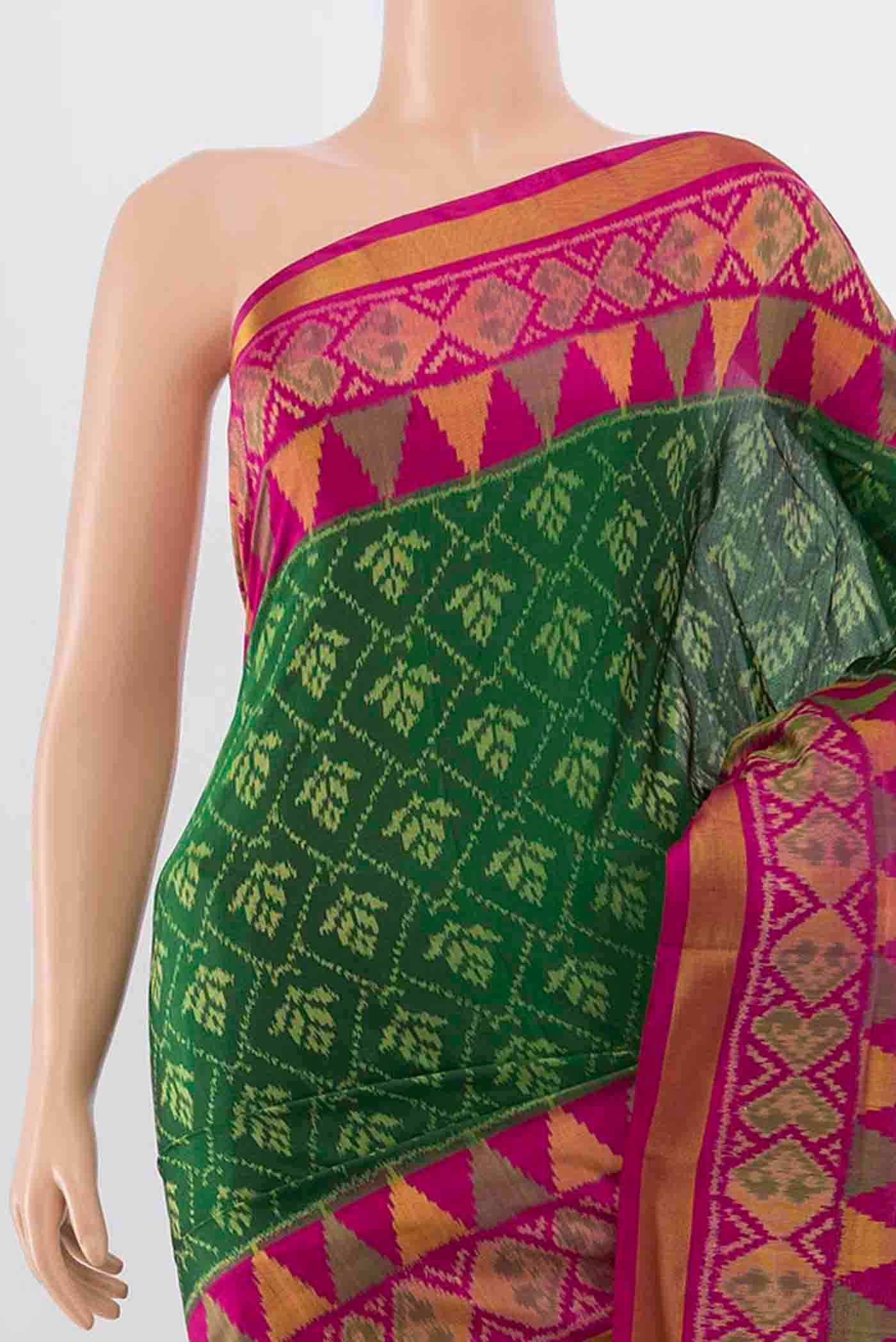 Border image of Green Rajkot Patola Silk Saree with Pure Ikat on the body and Zari Border