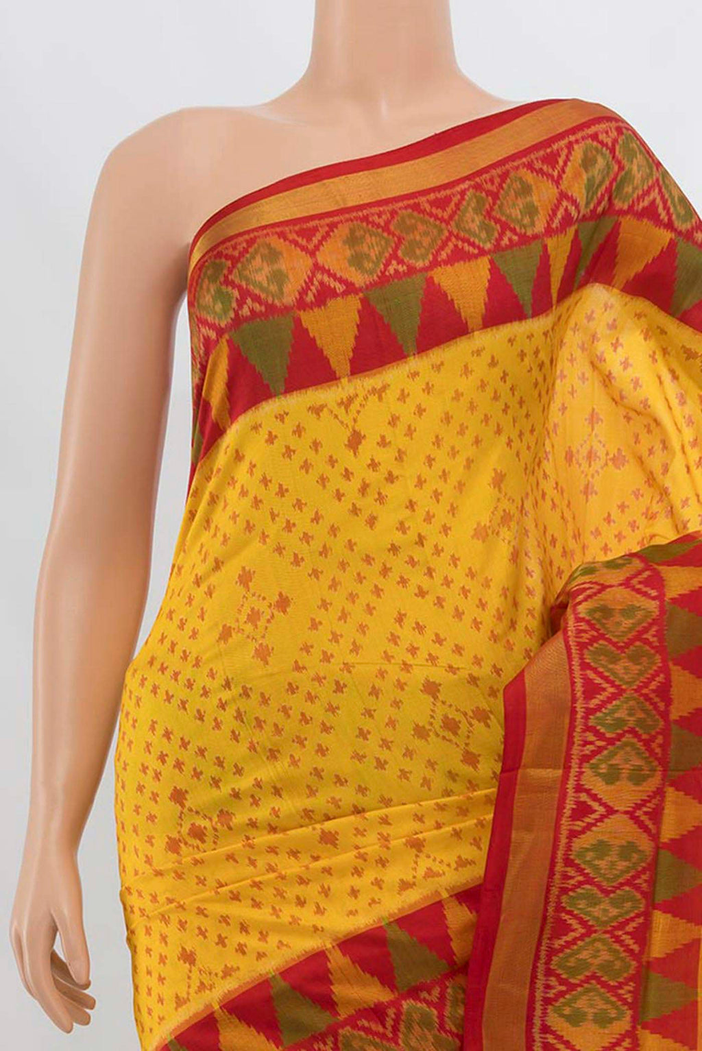 Border image of Yellow Rajkot Patola Silk Saree with Ikat Print on the body and Silk Border. 
