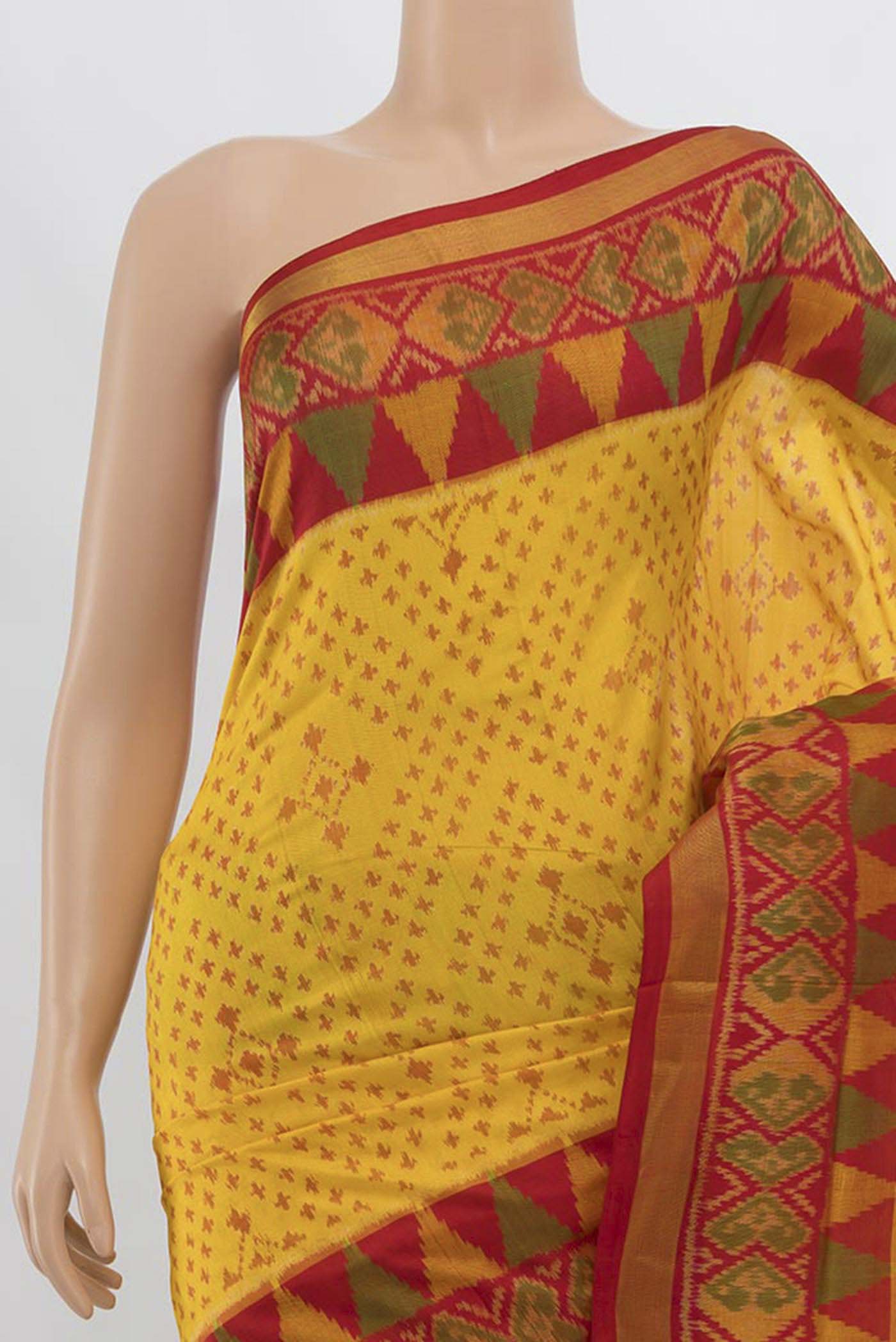 Border image of Yellow Rajkot Patola Silk Saree with Ikat Print on the body and Silk Border. 
