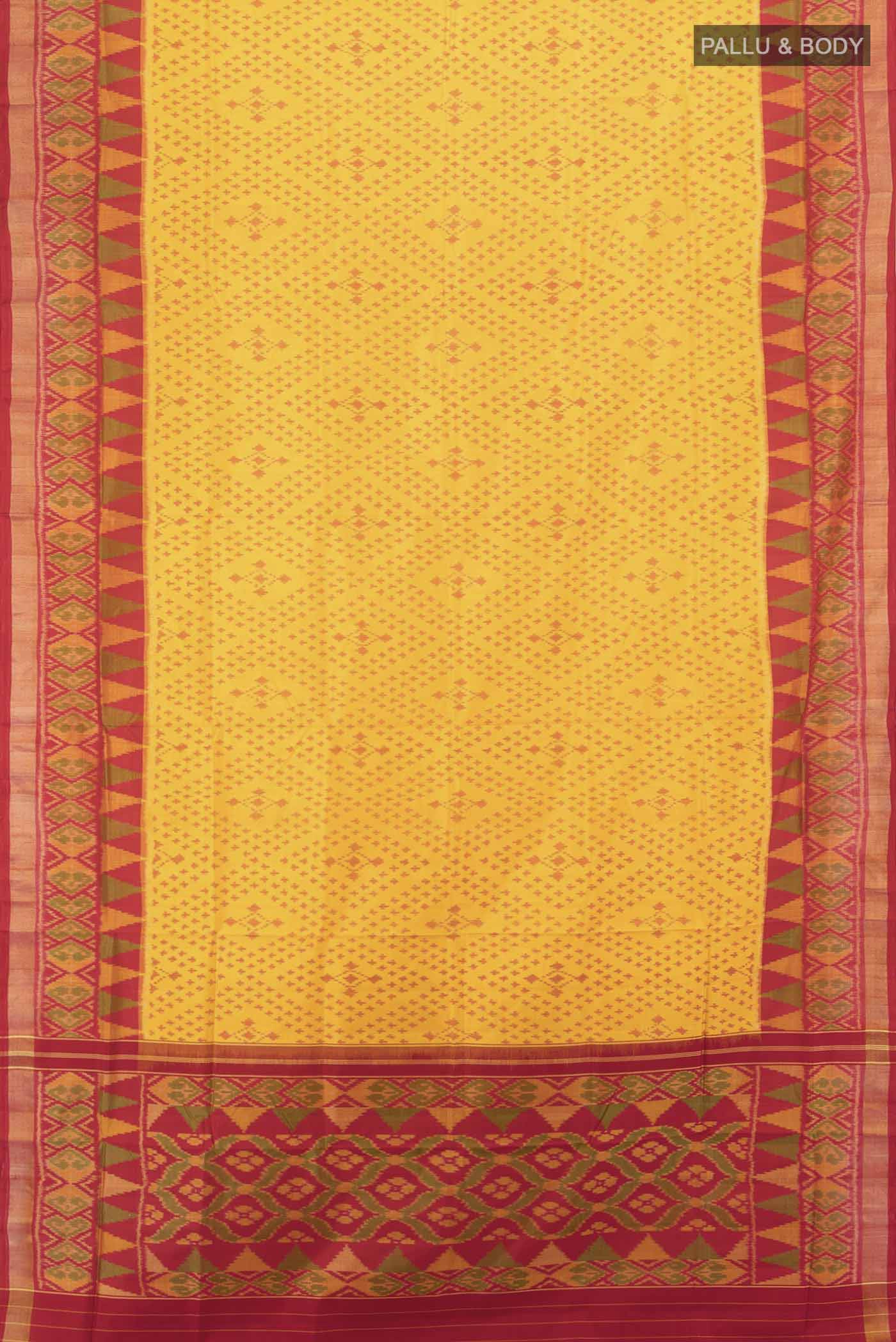 Flat view of Yellow Rajkot Patola Silk Saree with Ikat Print on the body and Silk Border. 