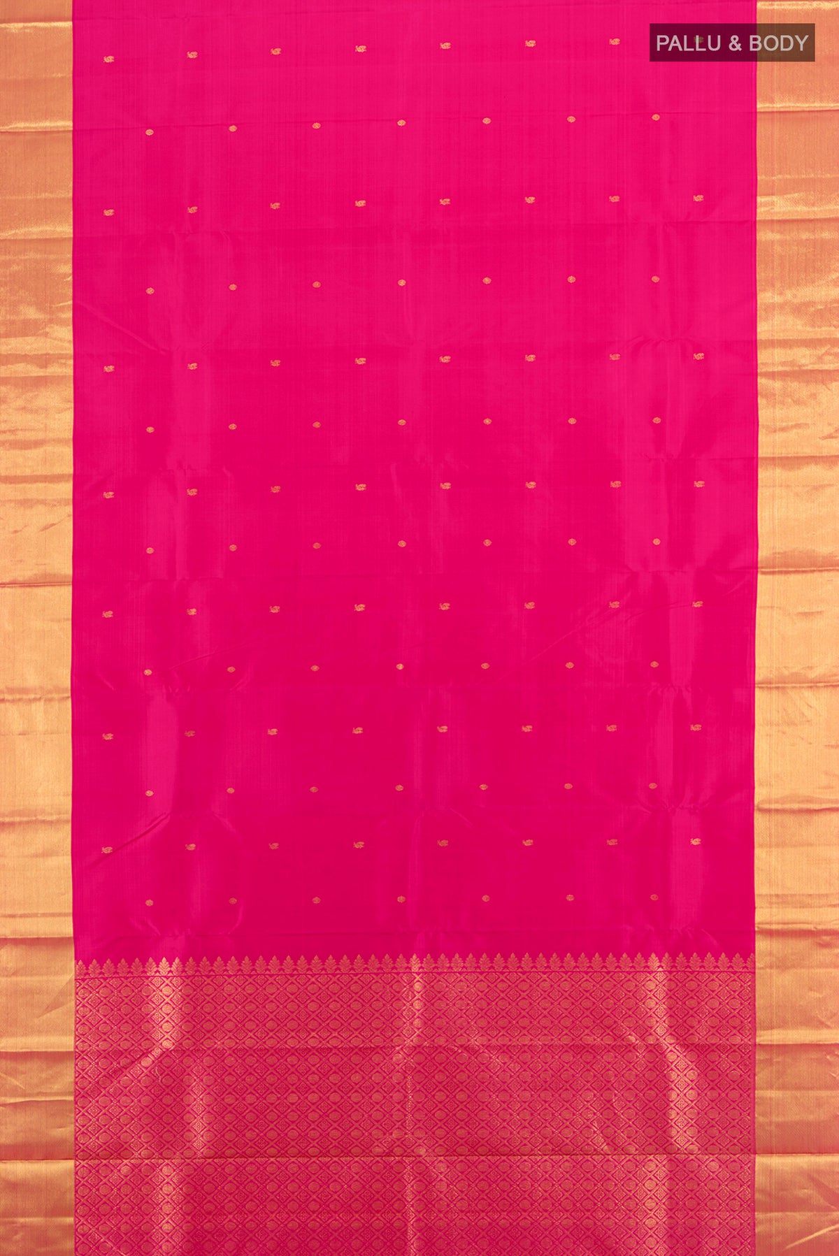Flat view of Magenta Kanchipuram Silk Saree with Zari Butta on the body and Silk Border. 