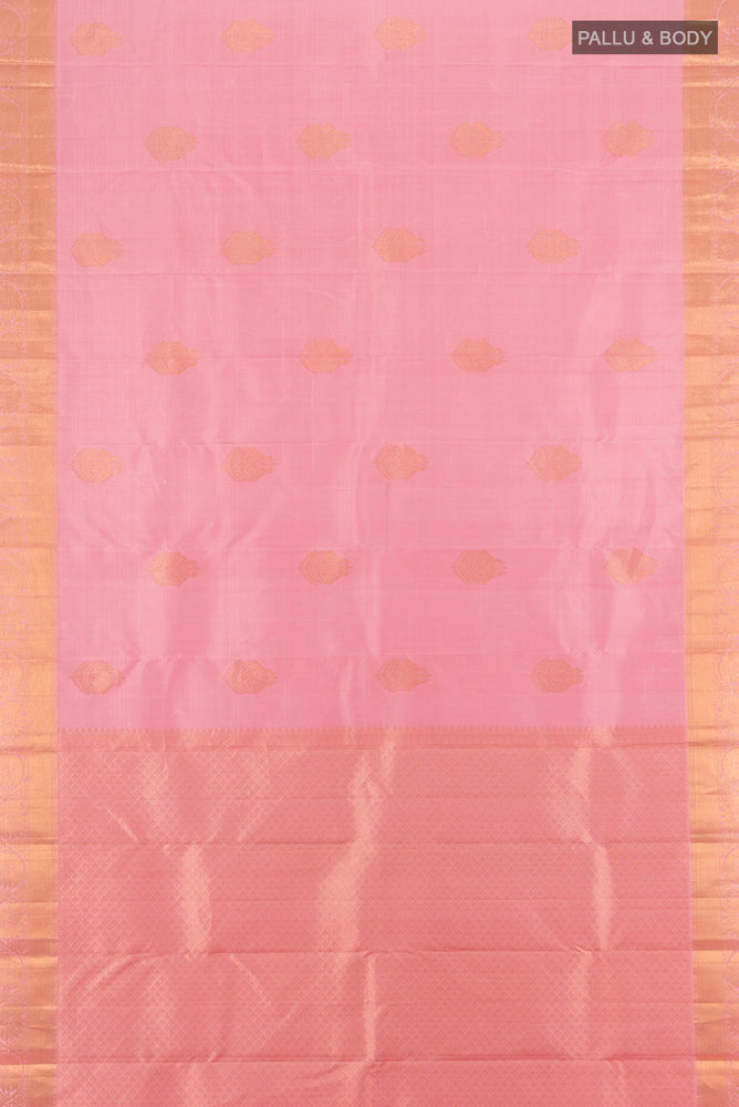 Flat view of Pure Silk Pure Zari Rose Gold Kanchipuram Saree with Zari Butta on the body and Silk Border. 