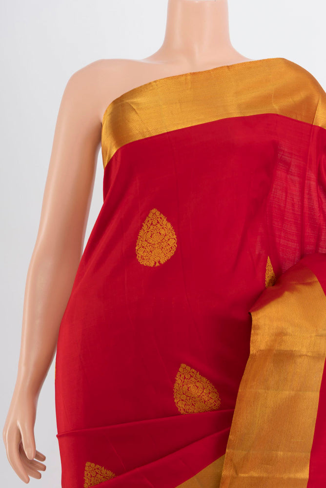 Border image of Red Kanchipuram Silk Saree with Zari Butta on the body and Silk Border. 