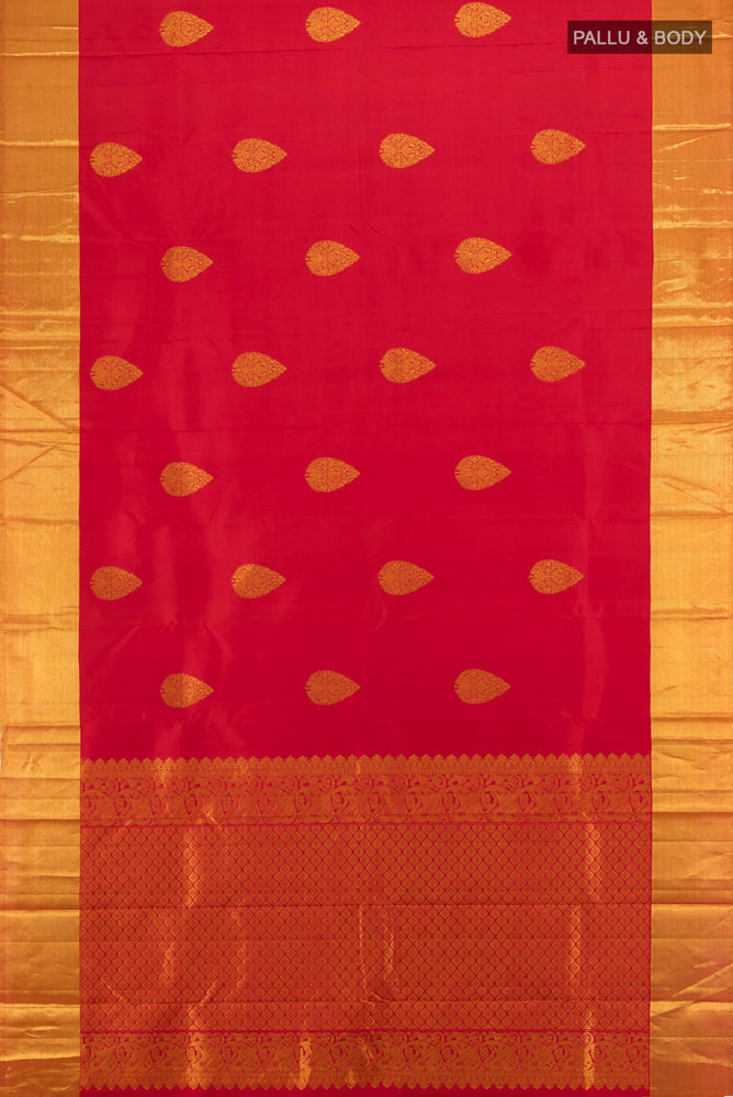 Flat view of Red Kanchipuram Silk Saree with Zari Butta on the body and Silk Border. 