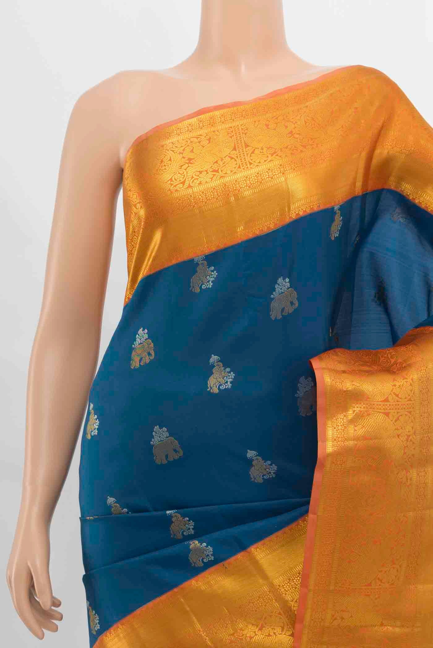 Border image of Dark Blue Kanjivaram Silk Saree with Zari Butta on the body and Silk Border. 