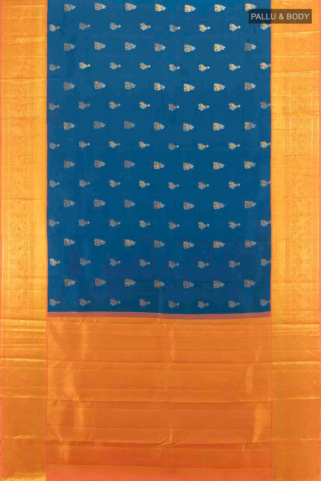 Flat view of Dark Blue Kanjivaram Silk Saree with Zari Butta on the body and Silk Border. 