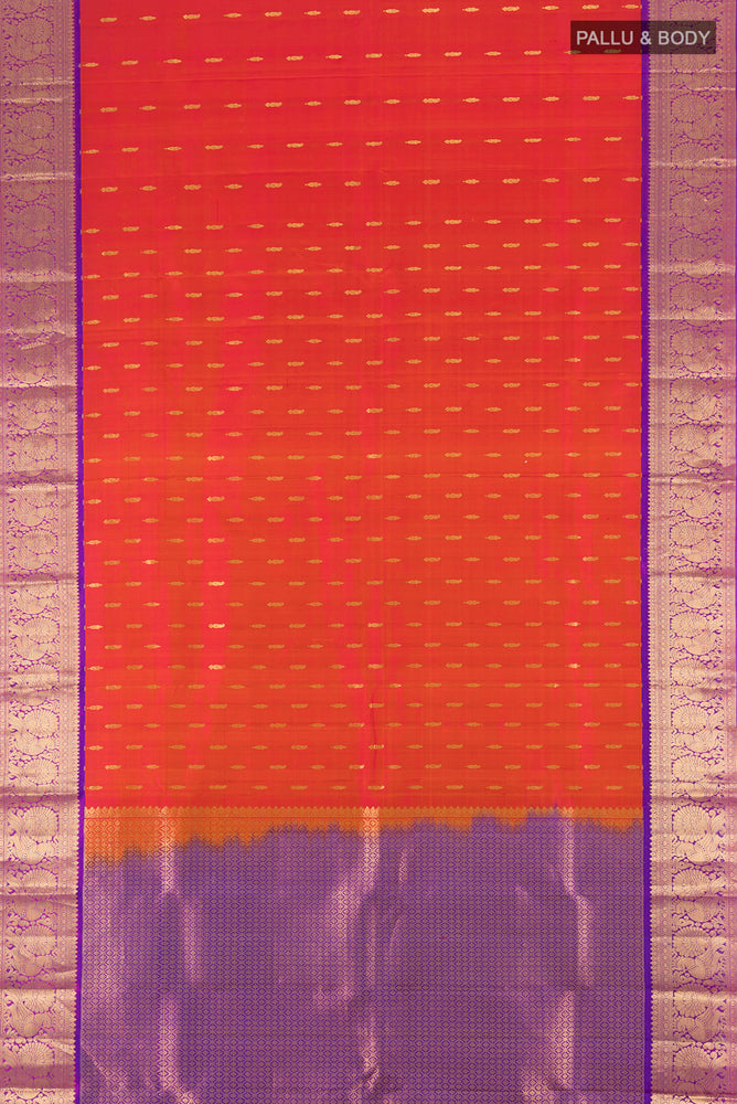 Flat view of Pure Silk Pure Zari Peach Kanchipuram Saree with Zari Butta on the body and Silk Border. 