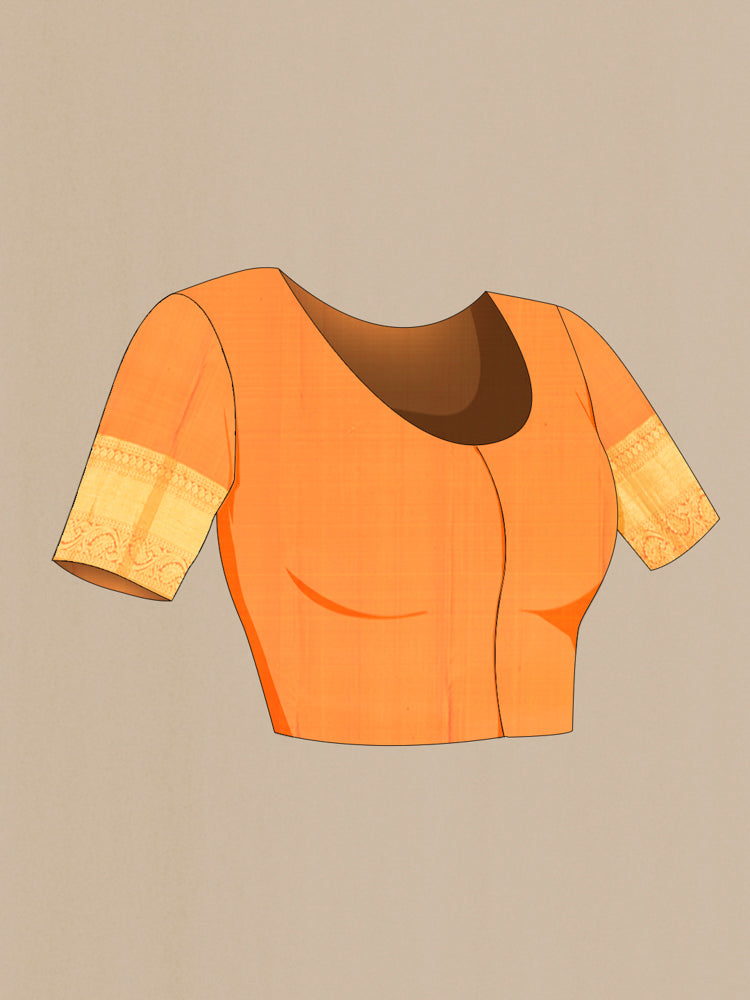 Close up image of the blouse of Pure Silk Pure Zari Maroon Kanchipuram Saree with Zari Butta on the body and Silk Border. 