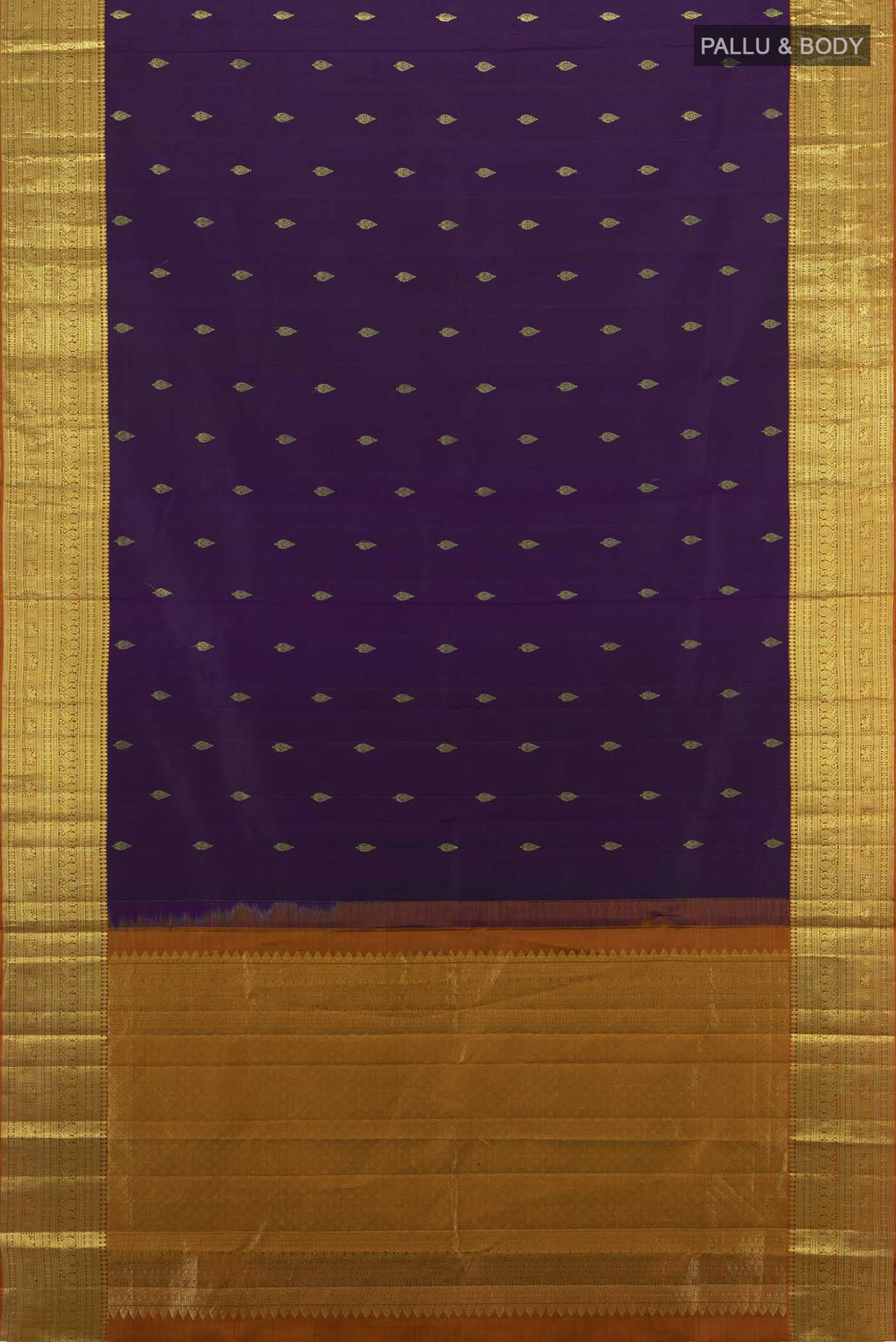 Flat view of Navy Blue Kanchipuram Silk Saree with Zari Butta on the body and Silk Border. 