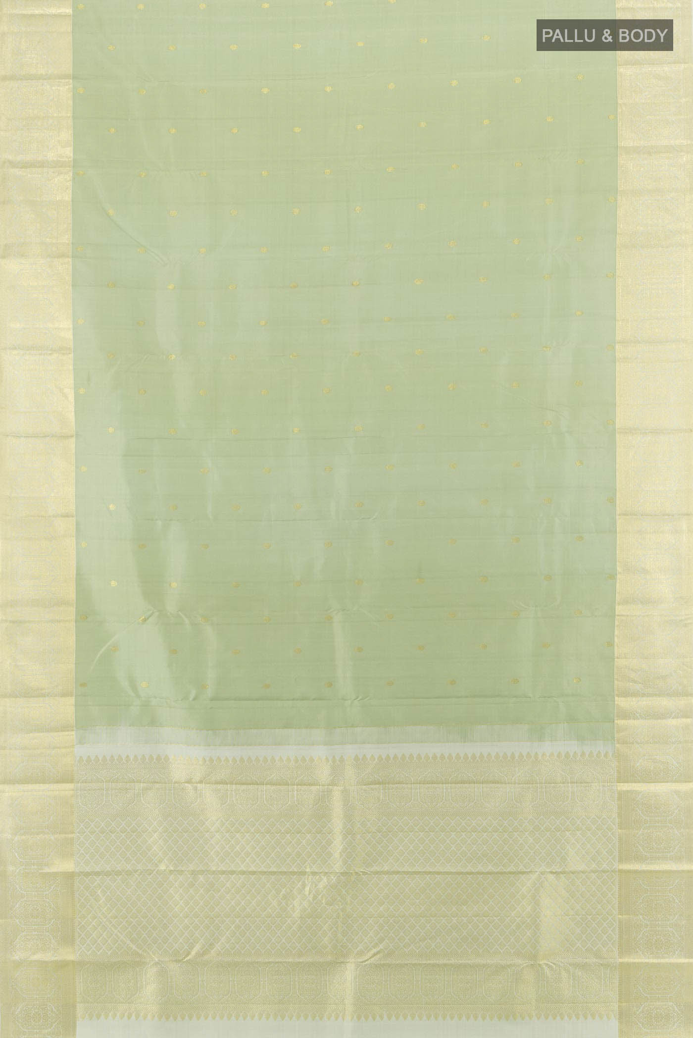 Flat view of Pista Green Kanchipuram Silk Saree with Zari Butta on the body and Silk Border. 