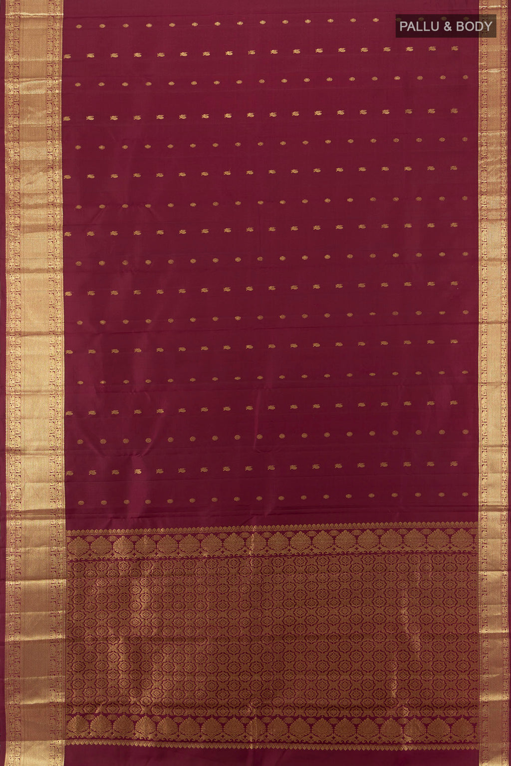 Flat view of Pure Silk Pure Zari Maroon Kanchipuram Saree with Zari Butta on the body and Silk Border. 