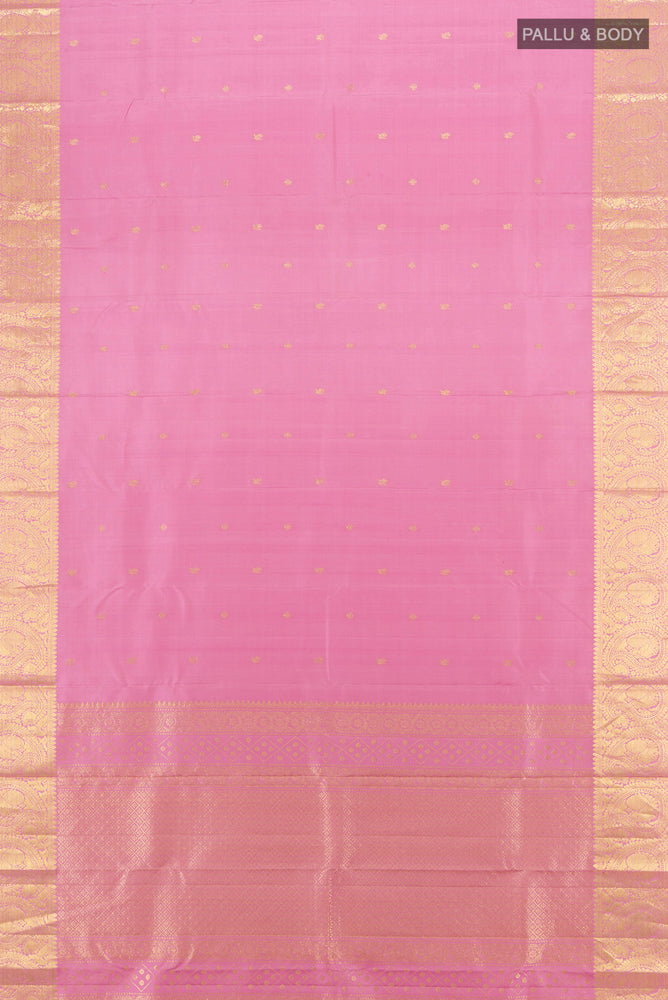 Flat view of Pure Silk Pure Zari Rose Gold Kanchipuram Saree with Zari Brocade on the body and Silk Border. 