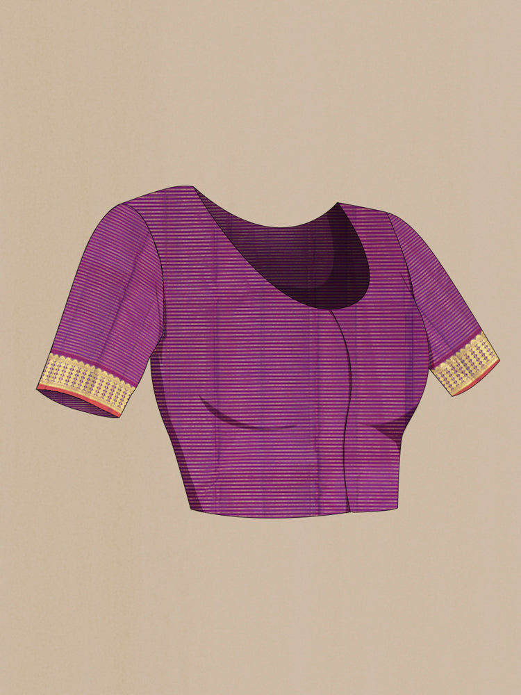 Close up image of the blouse of Peacock Blue Kanjivaram Silk Saree with Zari Butta on the body and Silk Border. 