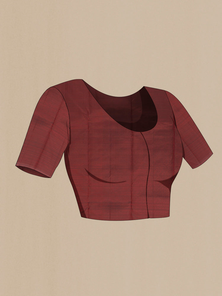 Close up image of the blouse of Pure Silk Pure Zari Maroon Kanchipuram Saree with Zari Butta on the body and Silk Border. 