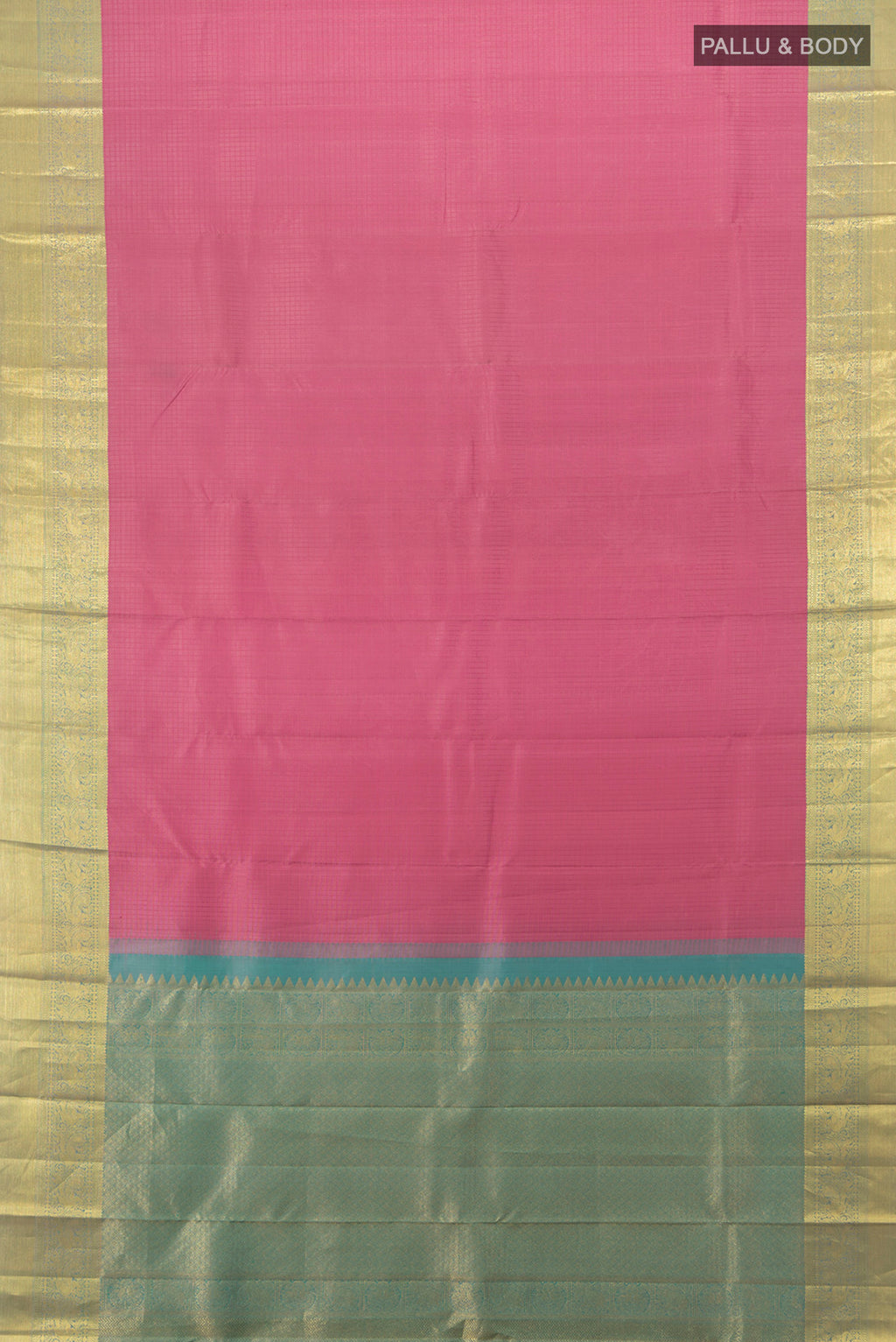 Flat view of Pure Silk Pure Zari Rose pink Kanjivaram Saree with Zari Butta on the body and Silk Border. 