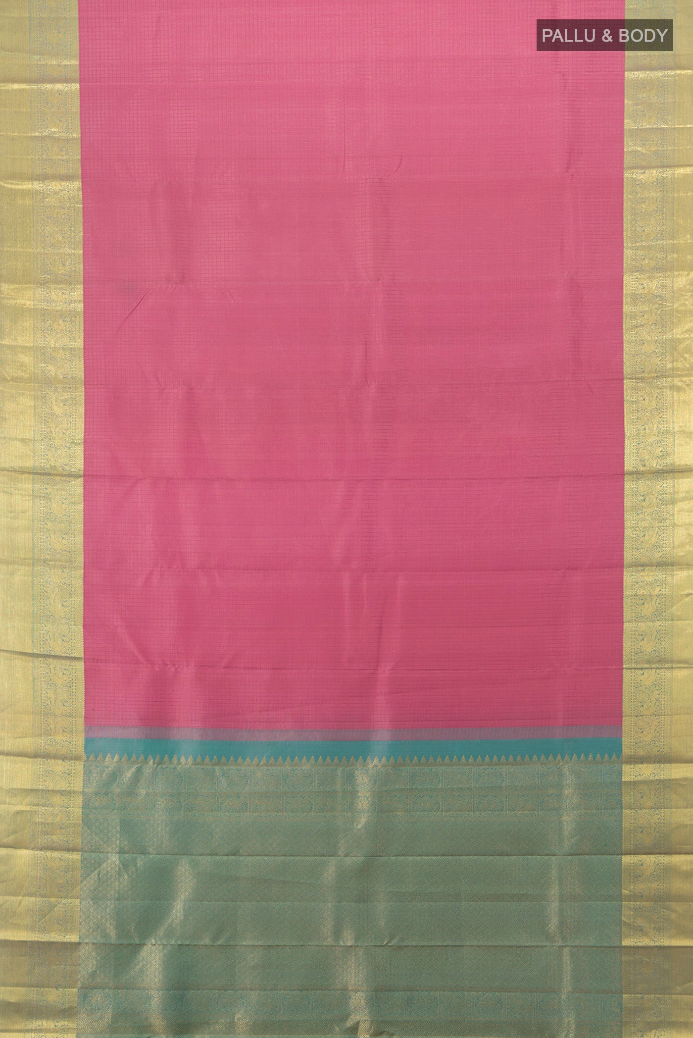 Flat view of Pure Silk Pure Zari Rose pink Kanjivaram Saree with Zari Butta on the body and Silk Border. 