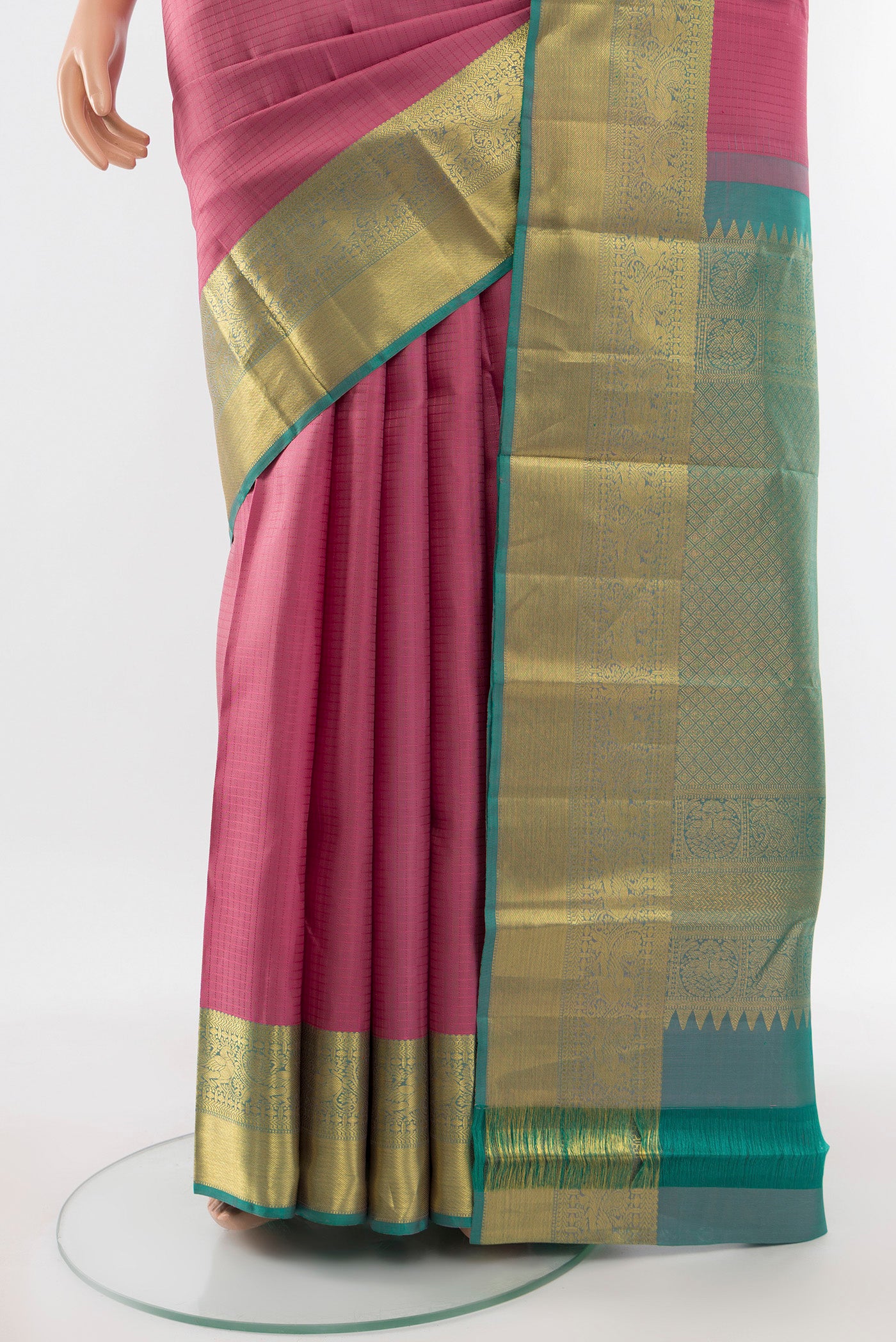 Pleats and pallu of Pure Silk Pure Zari Rose pink Kanjivaram Saree with Zari Butta on the body and Silk Border. 