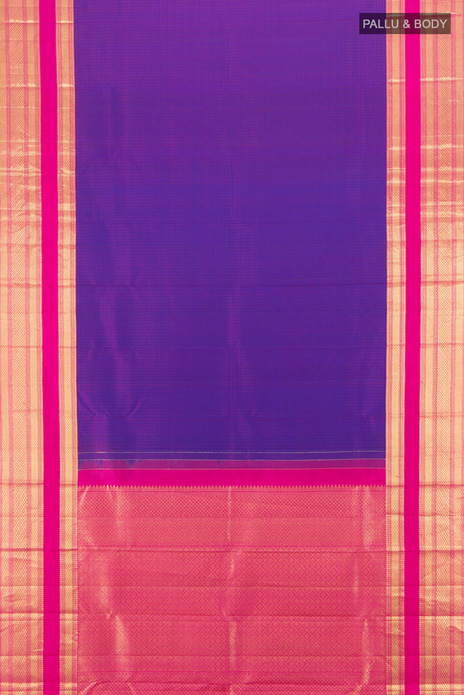 Flat view of Pure Silk Pure Zari Purple Kanjivaram Saree with Zari Butta on the body and Silk Border. 