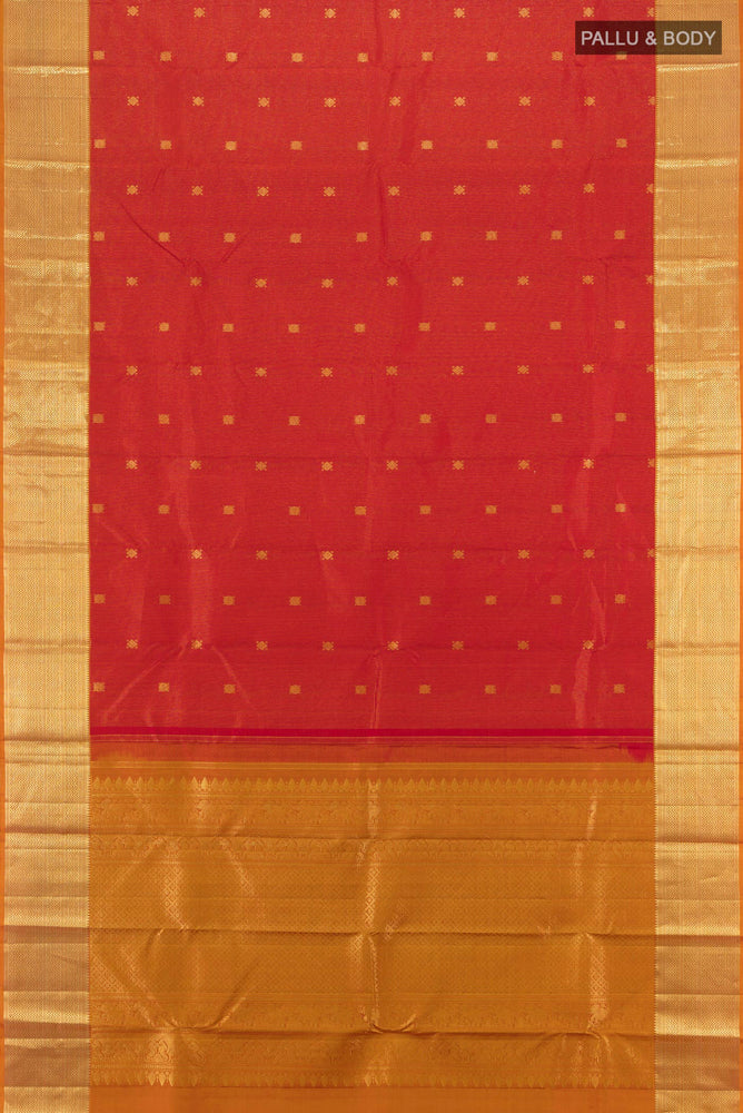 Flat view of Maroon Kanjivaram Silk Saree with Zari Butta on the body and Silk Border. 