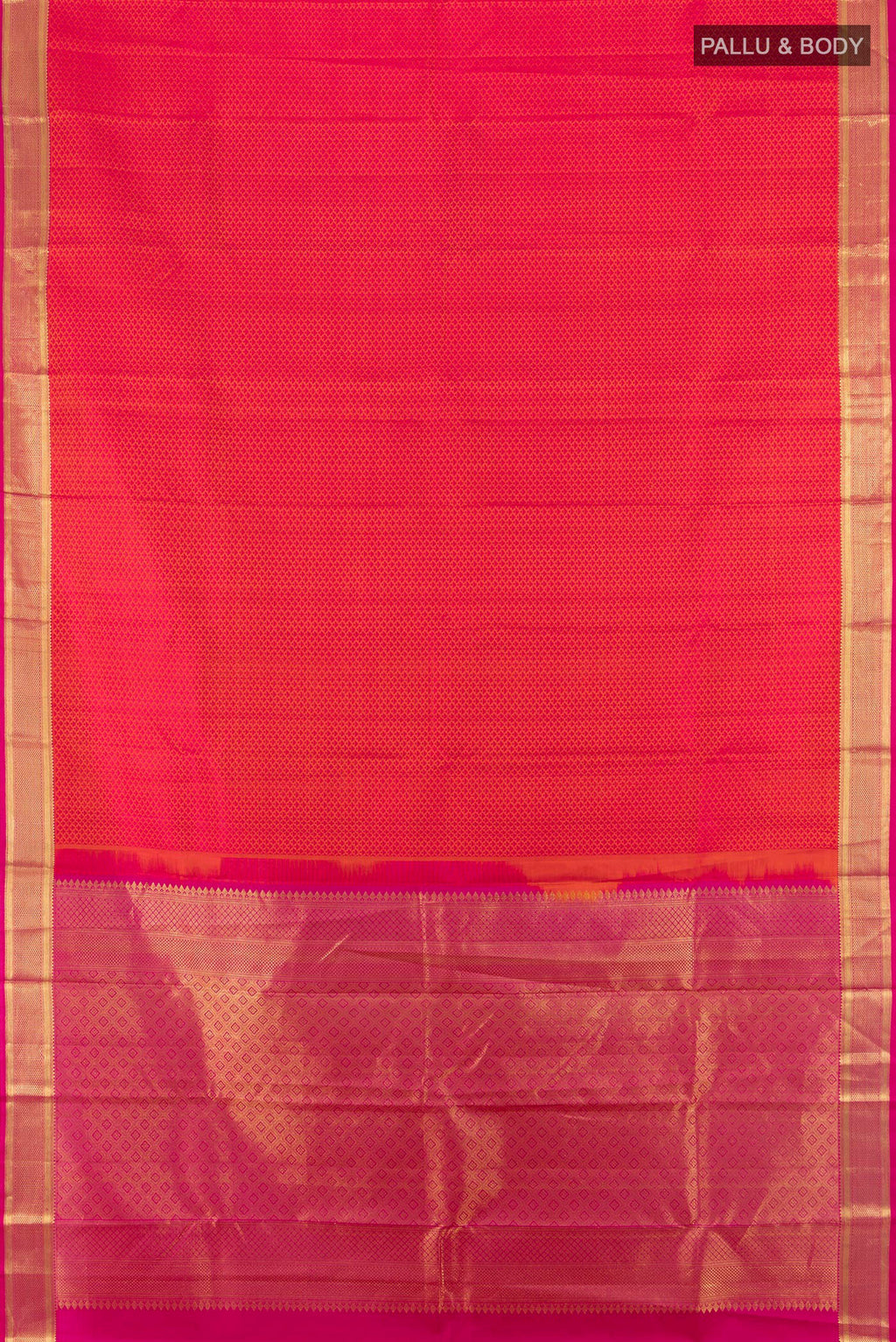 Flat view of Pure Silk Brick Orange Kanjivaram Saree with Jacquard design on the body and Zari Border. 