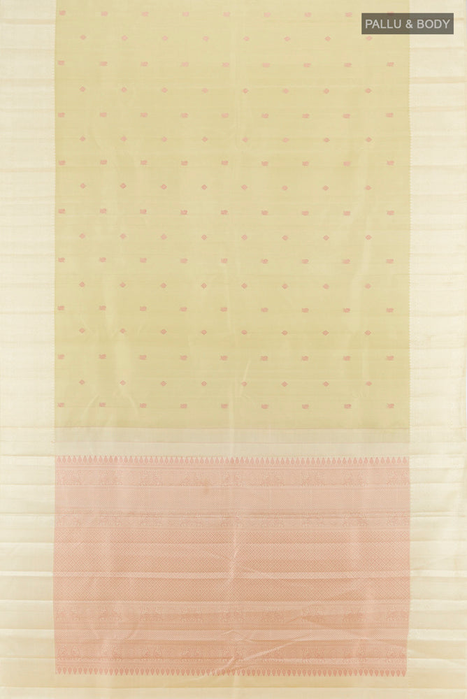 Flat view of Light Green Kanchipuram Silk Saree with Zari Butta on the body and Silk Border. 