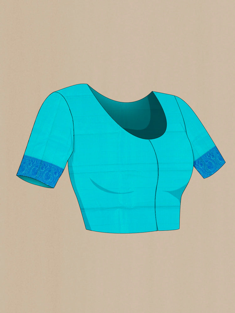 Close up image of the blouse of Sky Blue Kanchipuram Silk Saree with Zari Butta on the body and Silk Border. 