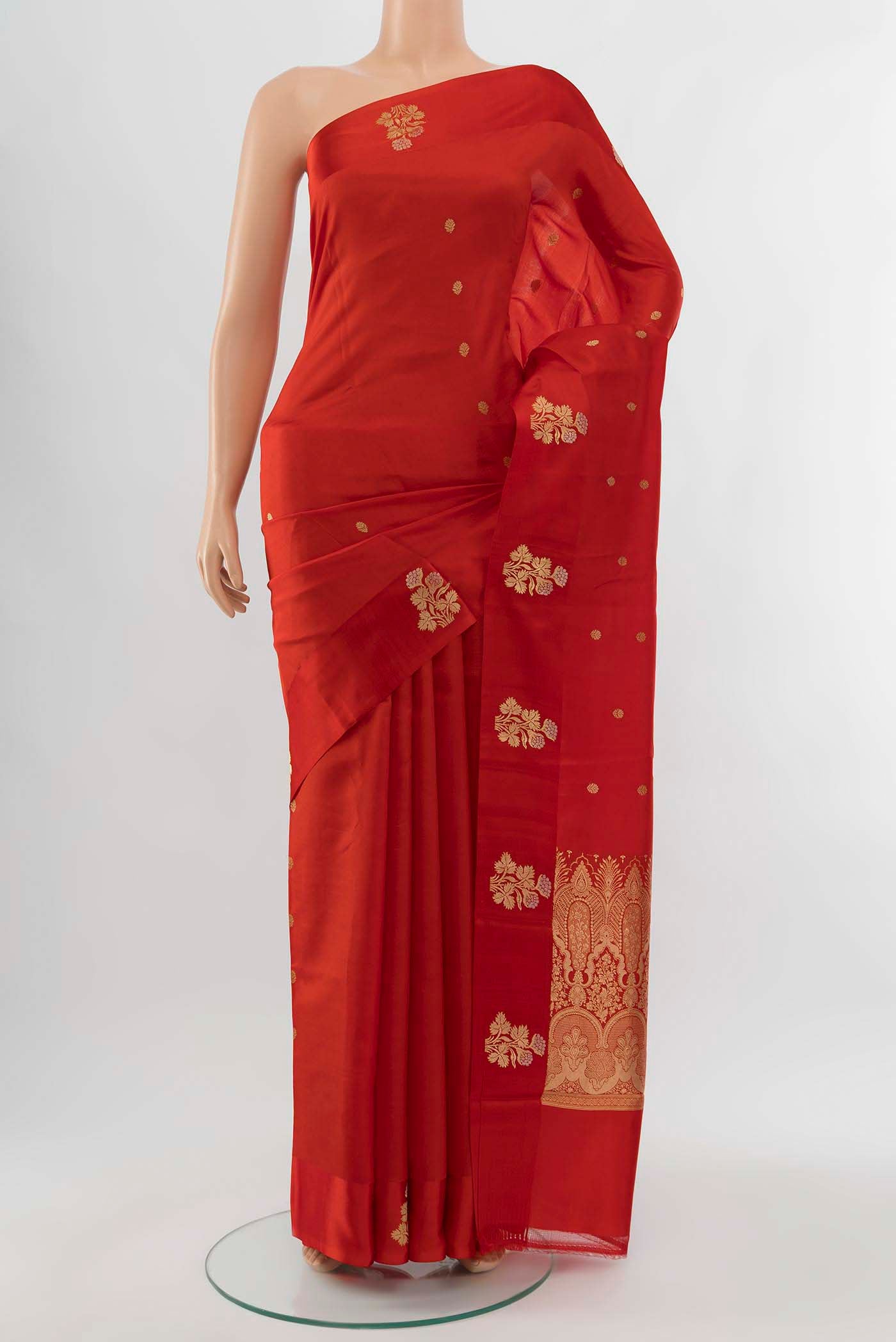 Red Banarasi Katan Silk Saree with Zari Butta on the body and Silk Border displayed on a mannequin