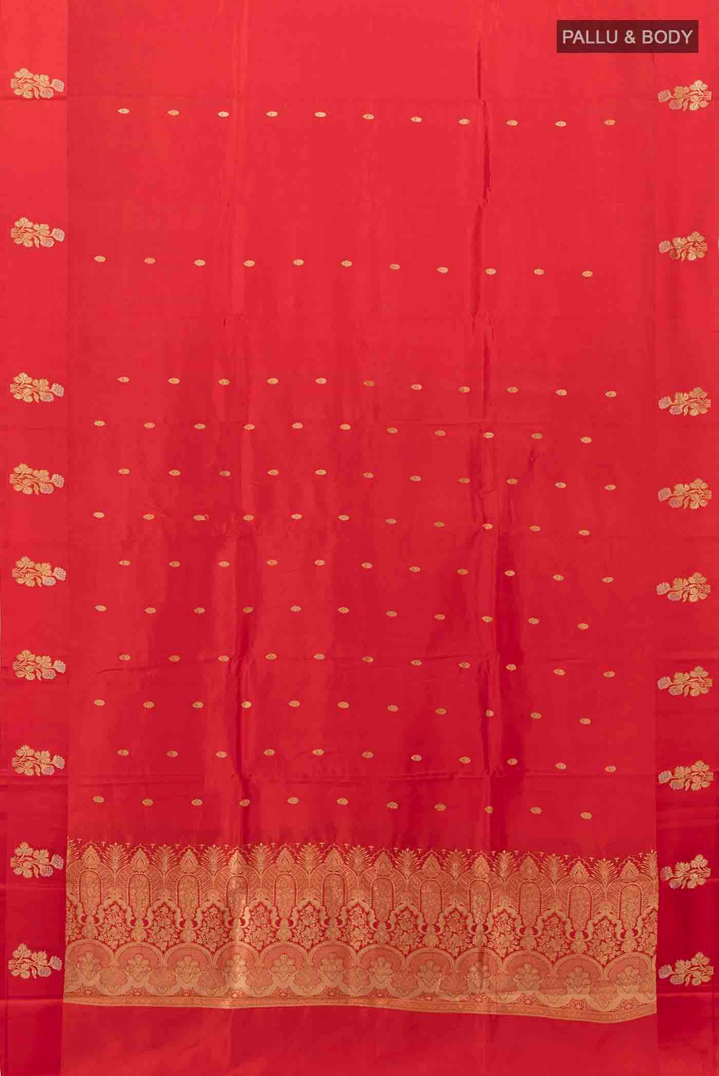 Flat view of Red Banarasi Katan Silk Saree with Zari Butta on the body and Silk Border