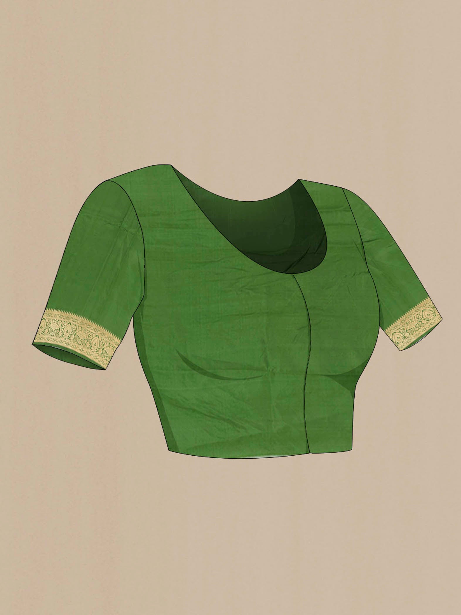 Close up image of the blouse of Green Banarasi Katan Silk Saree with Zari Butta on the body and Zari Border