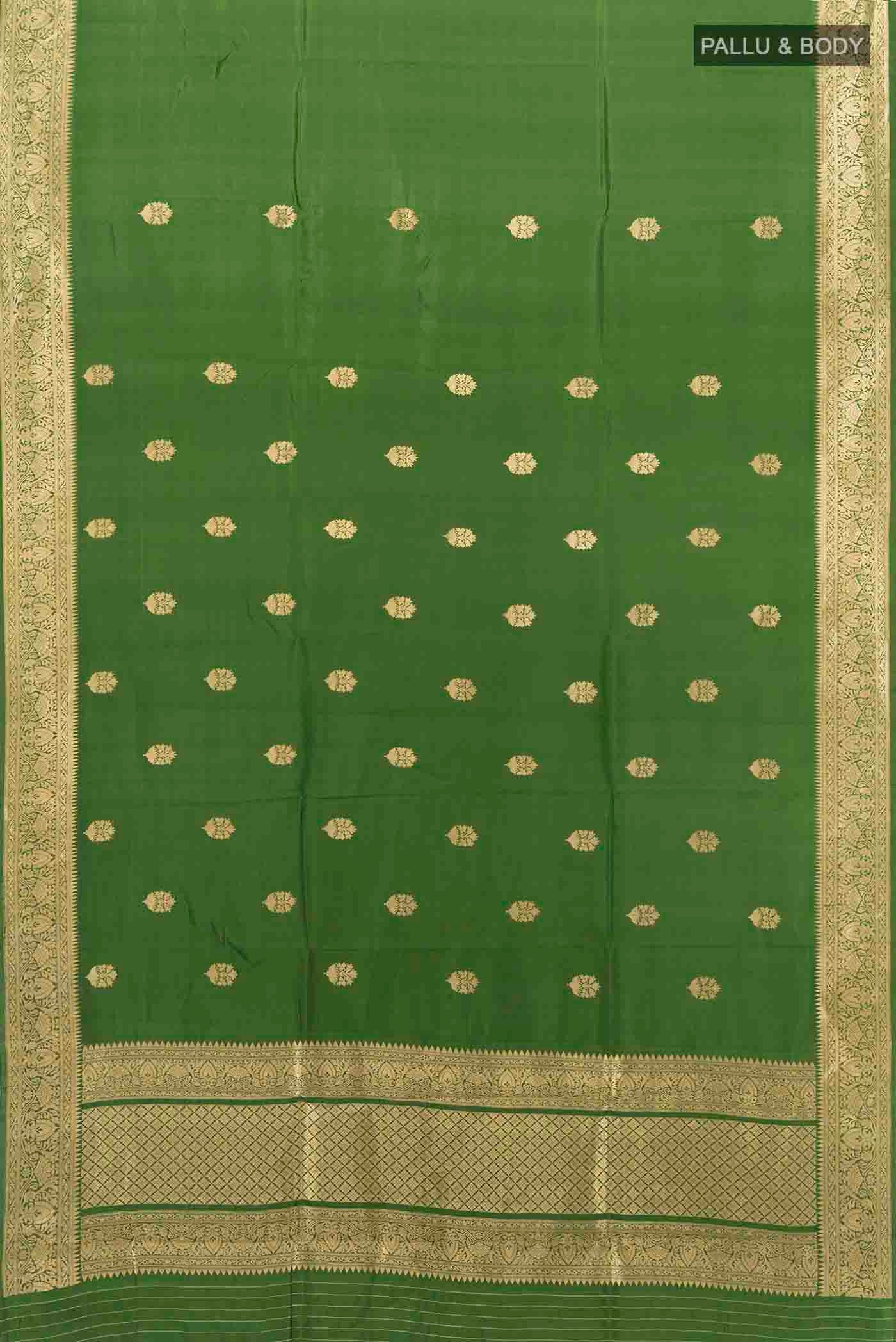 Flat view of Green Banarasi Katan Silk Saree with Zari Butta on the body and Zari Border