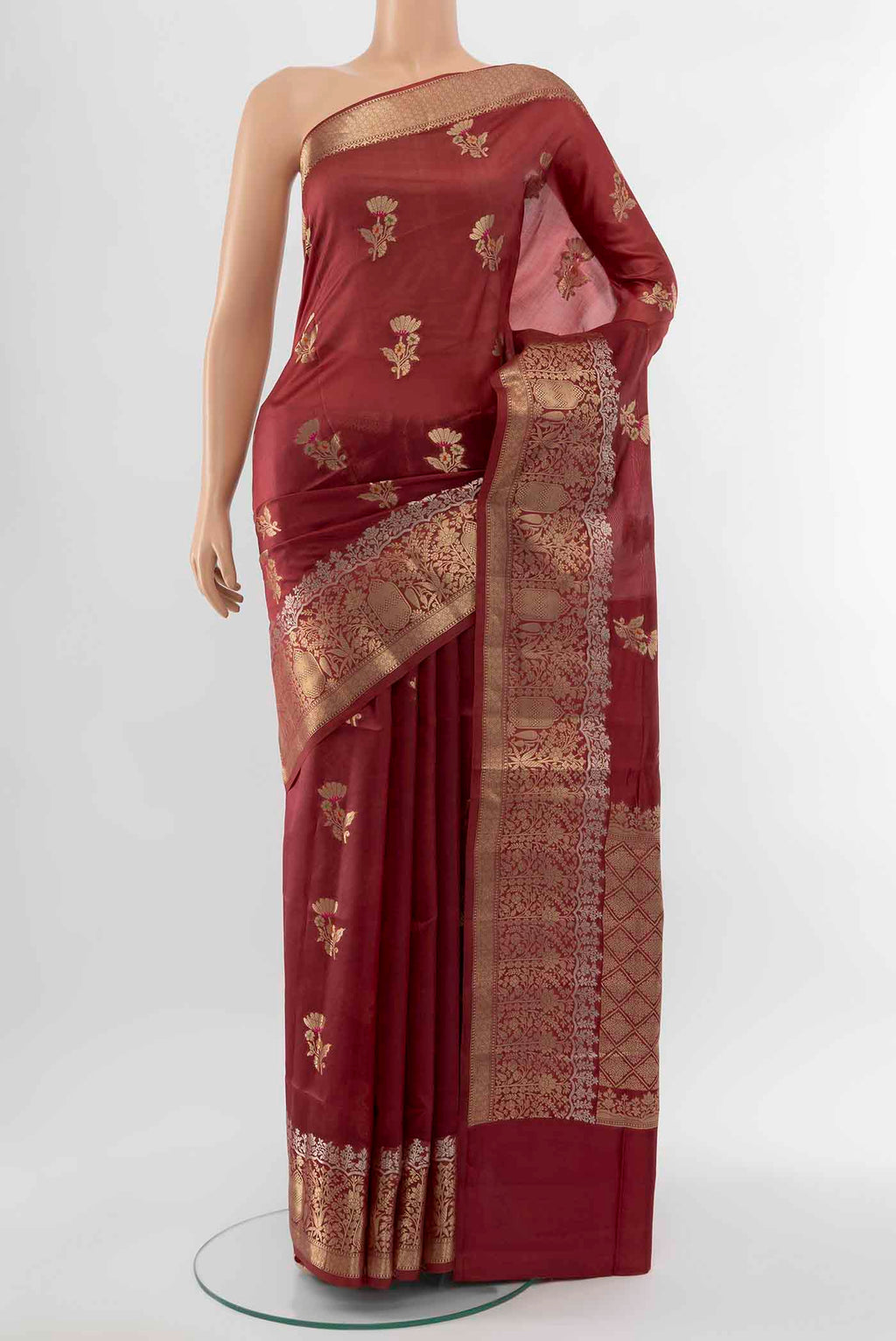 Maroon Banarasi Raw Silk Saree with Zari Butta on the body and Silk Border displayed on a mannequin