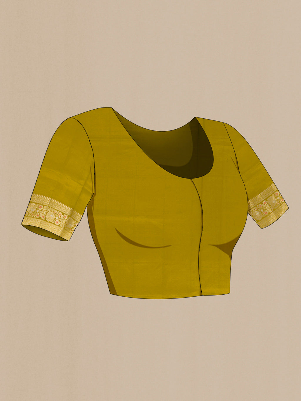 Close up image of the blouse of Pure Silk Pure Zari Mehandi Green Banarasi Raw Saree with Zari Butta on the body and Silk Border. 