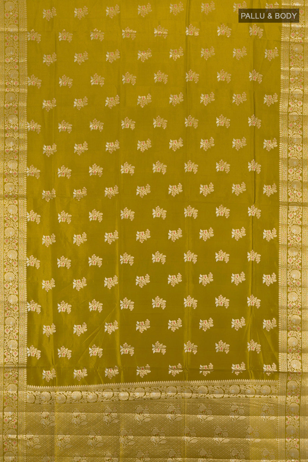 Flat view of Pure Silk Pure Zari Mehandi Green Banarasi Raw Saree with Zari Butta on the body and Silk Border. 